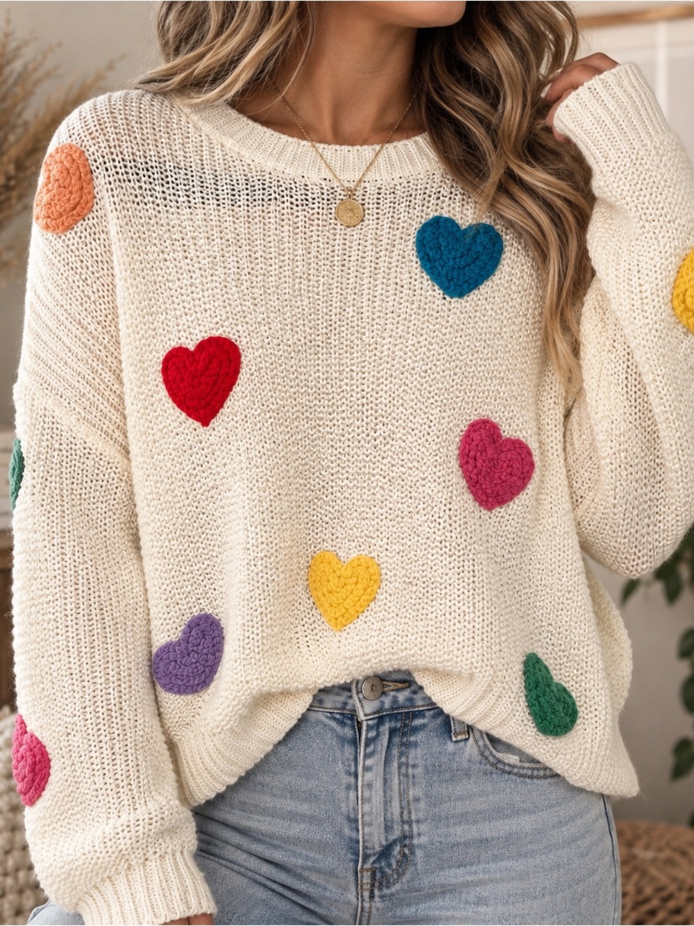 Luna Ivy Cream Multicolor Heart Crewneck Sweater Women’s Size Small NWT